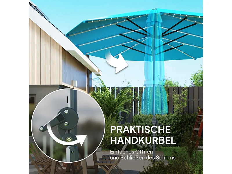 Dubbele parasol met solar LED-verlichting, aluminium, UV50+ bescherming, blauw (451x267x249 cm)