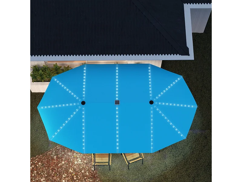 Dubbele parasol met solar LED-verlichting, aluminium, UV50+ bescherming, blauw (451x267x249 cm)
