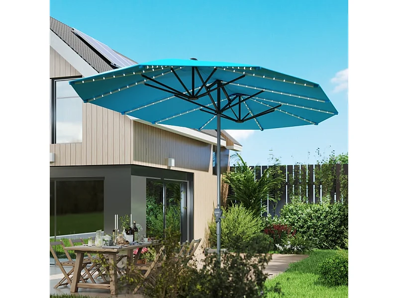 Dubbele parasol met solar LED-verlichting, aluminium, UV50+ bescherming, blauw (451x267x249 cm)