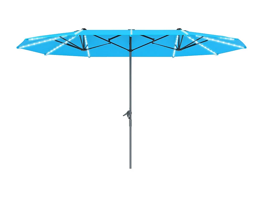 Parasol doble con luces LED solares, aluminio, protección UV50+, azul (451x267x249 cm)