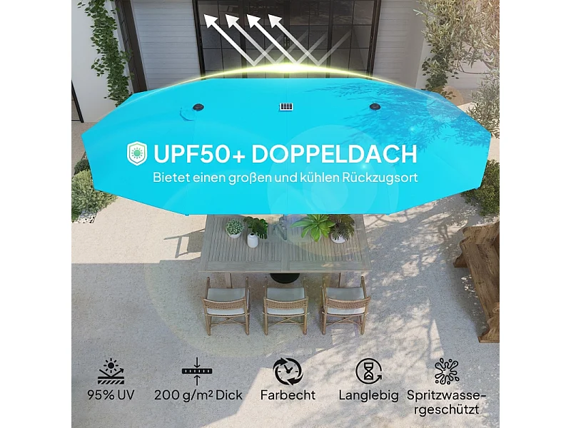 Parasol doble con luces LED solares, aluminio, protección UV50+, azul (451x267x249 cm)