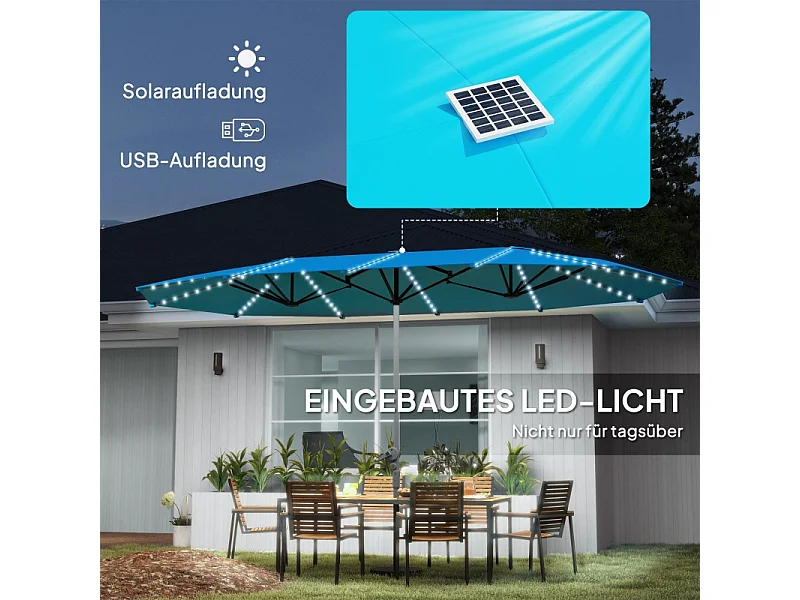 Parasol doble con luces LED solares, aluminio, protección UV50+, azul (451x267x249 cm)