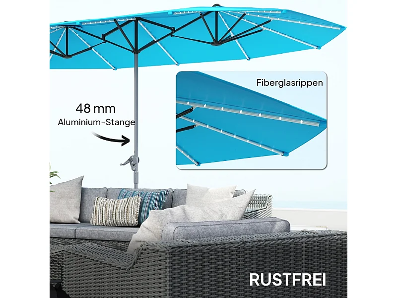 Parasol doble con luces LED solares, aluminio, protección UV50+, azul (451x267x249 cm)