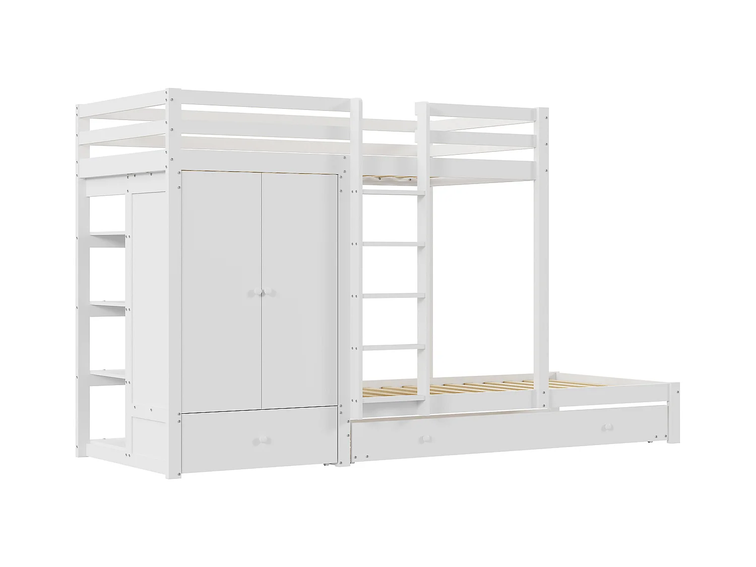 Lit superposé multifonction en bois massif avec lit gigogne, armoire, tiroirs et étagère, blanc (291x96x170cm)