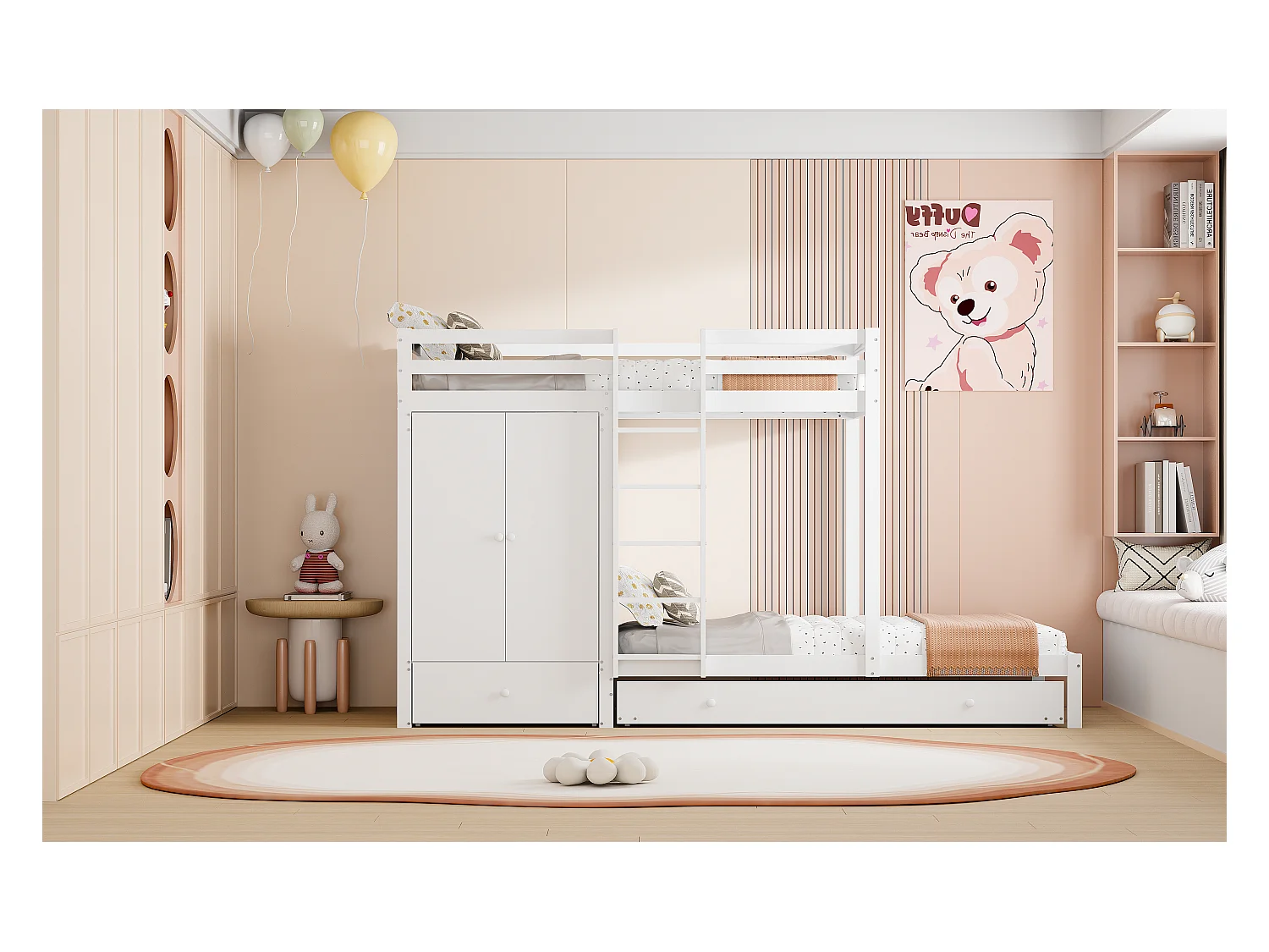 Lit superposé multifonction en bois massif avec lit gigogne, armoire, tiroirs et étagère, blanc (291x96x170cm)