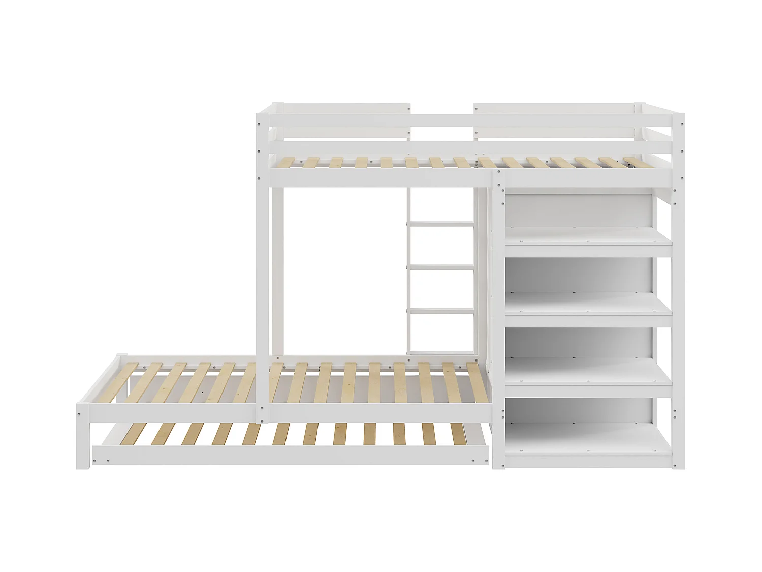 Lit superposé multifonction en bois massif avec lit gigogne, armoire, tiroirs et étagère, blanc (291x96x170cm)