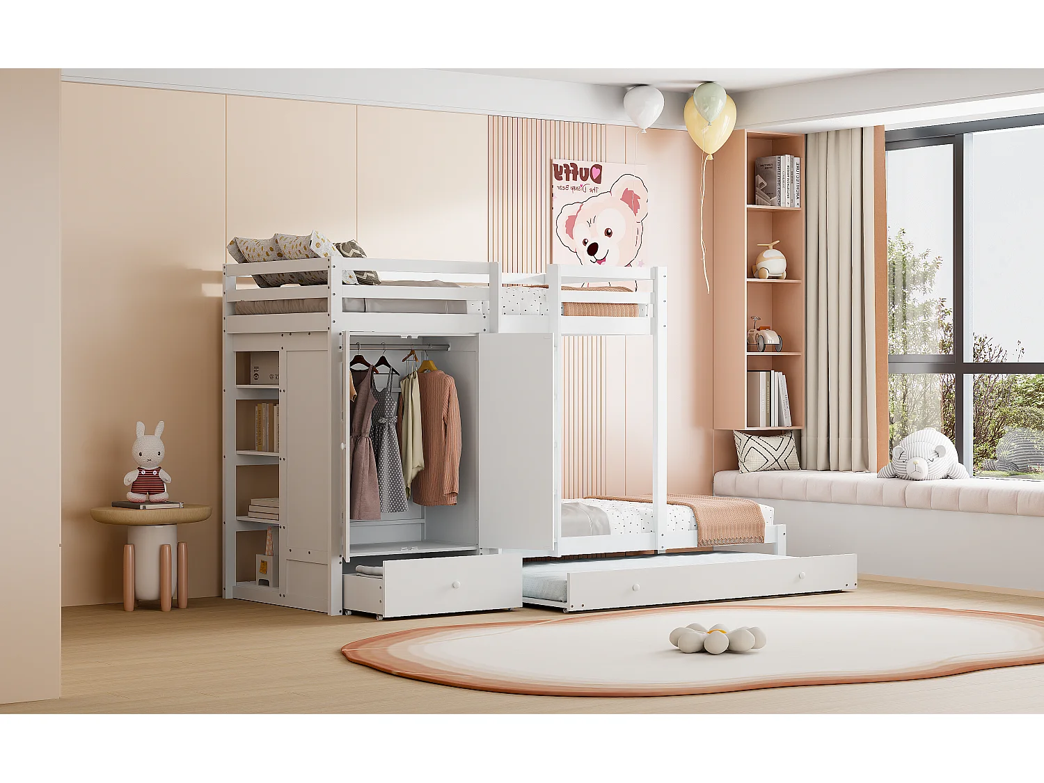 Lit superposé multifonction en bois massif avec lit gigogne, armoire, tiroirs et étagère, blanc (291x96x170cm)