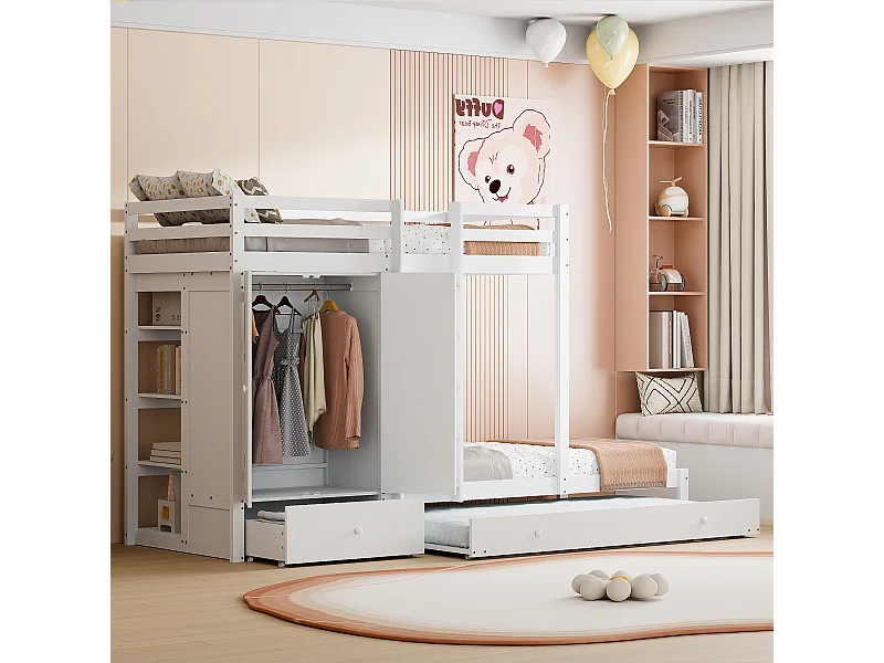 Litera multifuncional de madera maciza con cama nido, armario, cajones y balda, color blanco (291x96x170cm)