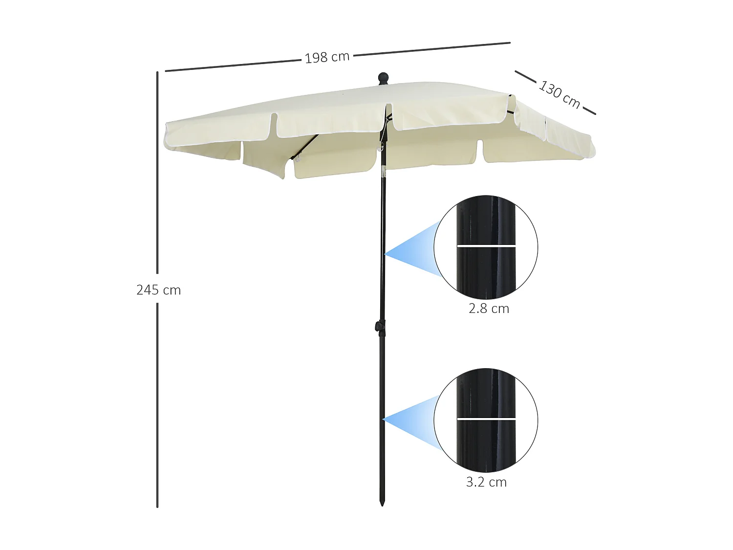 Kantelbare parasol, UV-bescherming, aluminium hout, crème en zwart (200x130x245 cm)