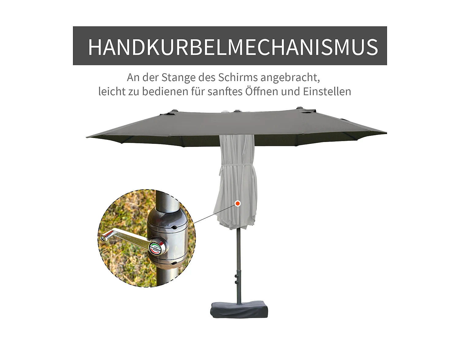 Dubbele tuinparasol met slinger, staal, donkergrijs, 460 x 270 x 240 cm (totale afmetingen)
