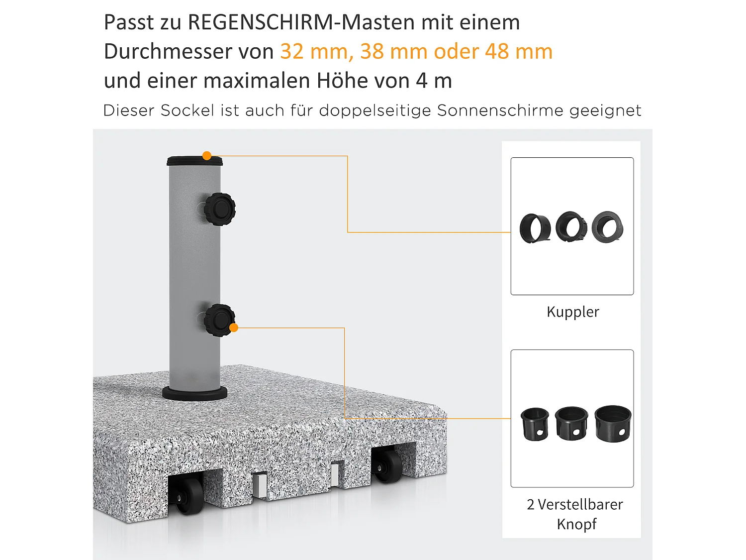 Granieten parasolvoet 28 kg, verstelbaar, met wielen, roestvrij staal, grijs (41x41x37,5 cm)