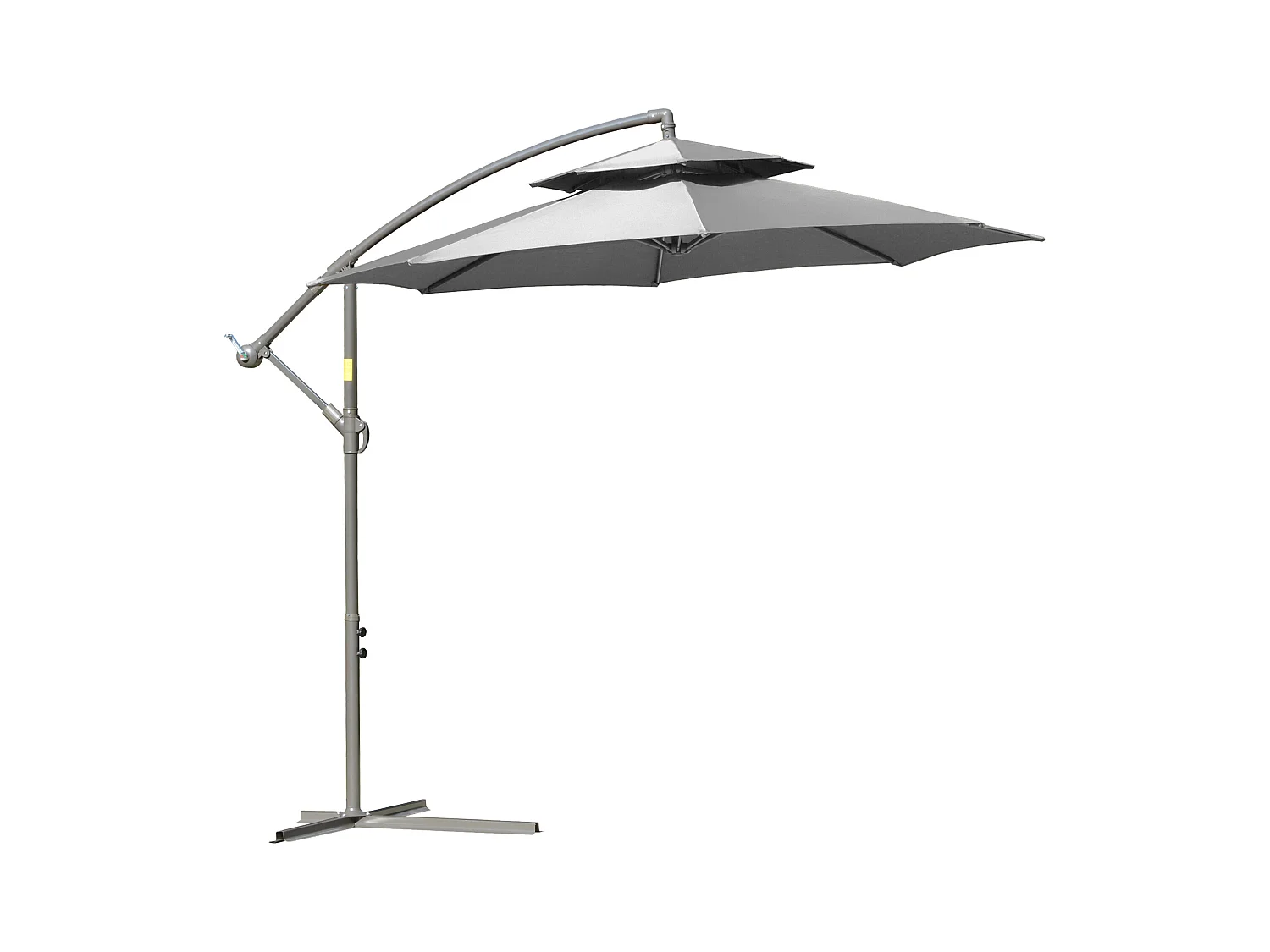 Zwevende parasol met dubbele dakzwengel, staal en polyester, lichtgrijs, gekruiste voet (267x267x245cm)