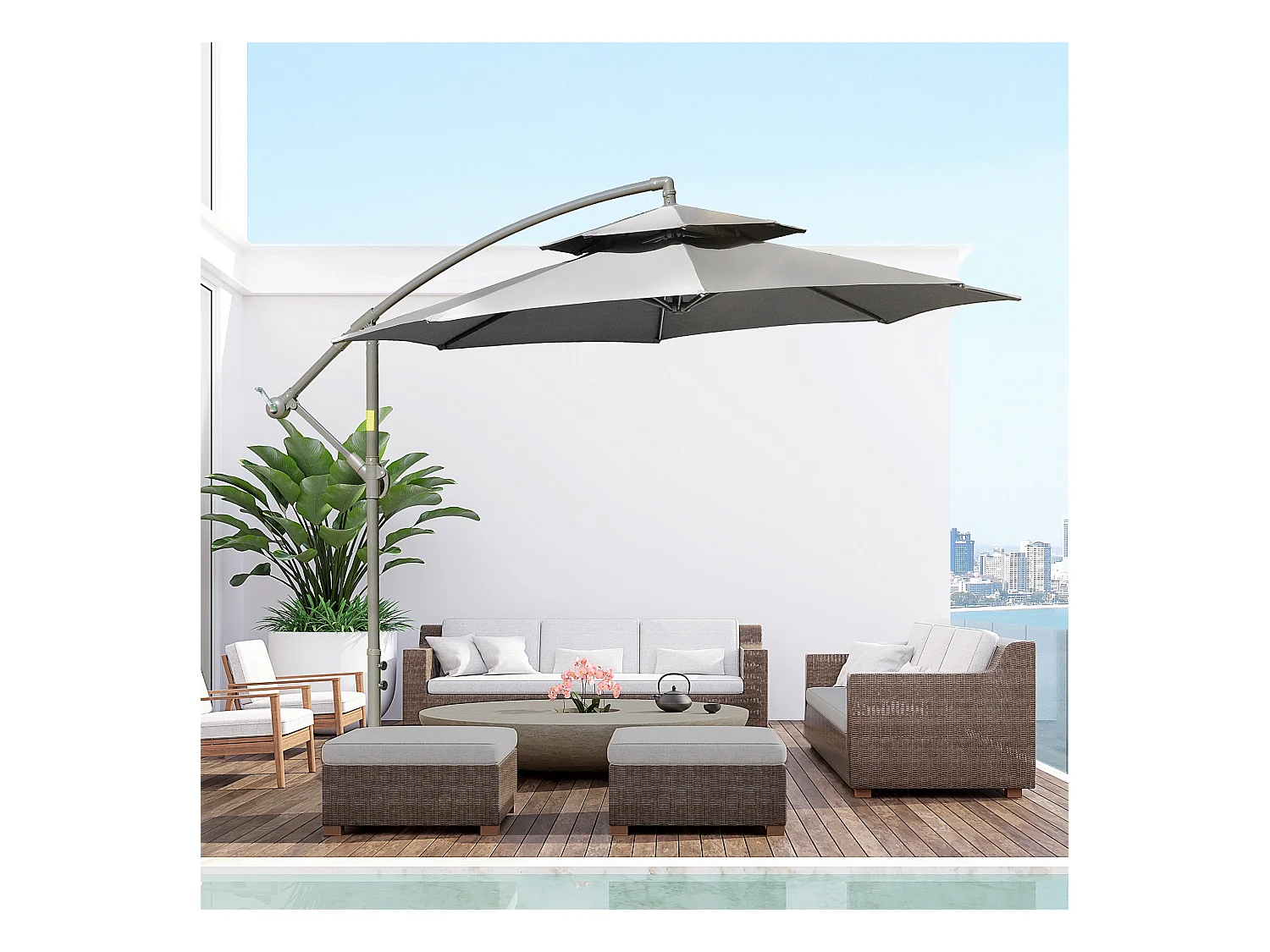 Zwevende parasol met dubbele dakzwengel, staal en polyester, lichtgrijs, gekruiste voet (267x267x245cm)