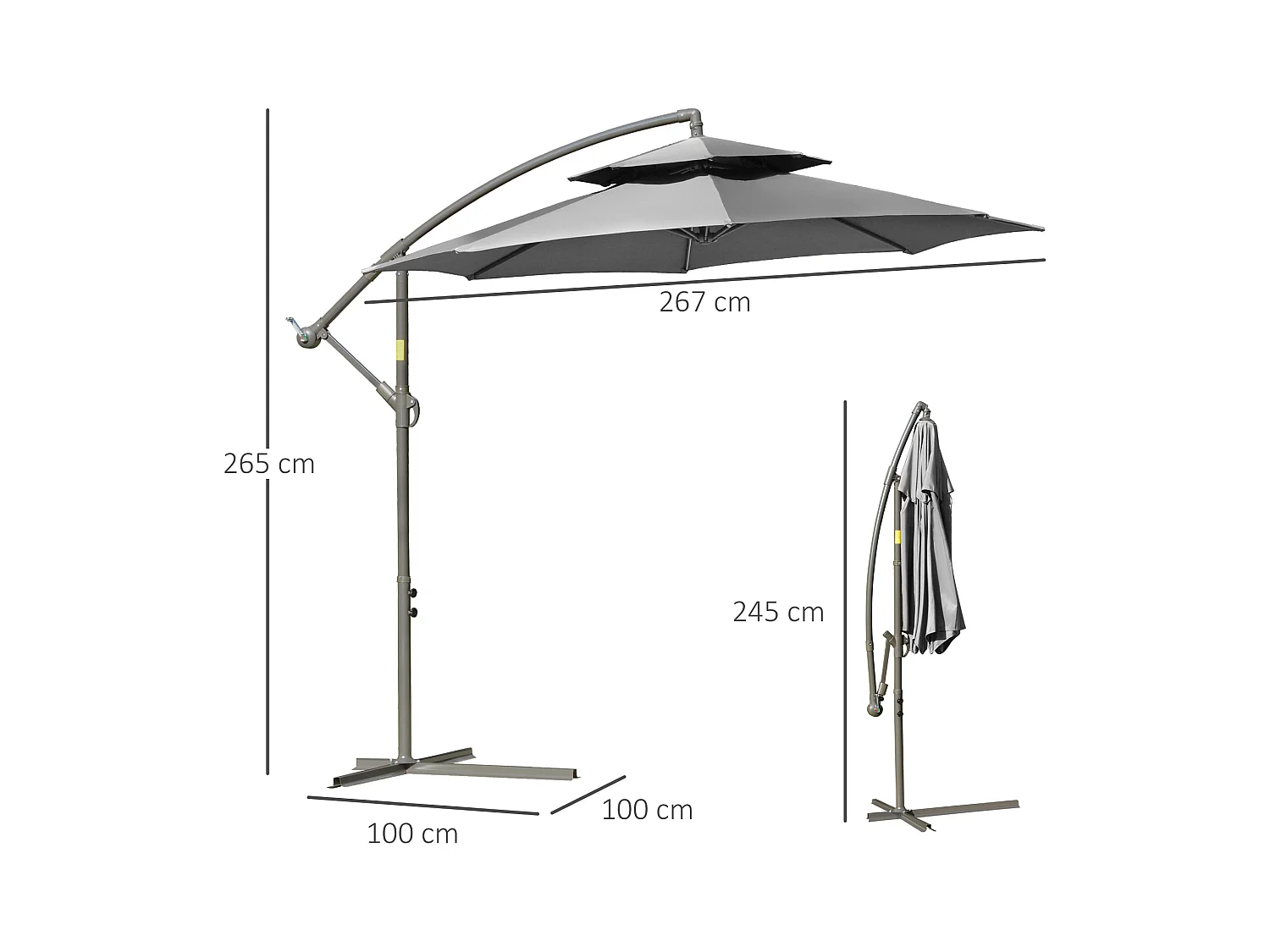 Zwevende parasol met dubbele dakzwengel, staal en polyester, lichtgrijs, gekruiste voet (267x267x245cm)