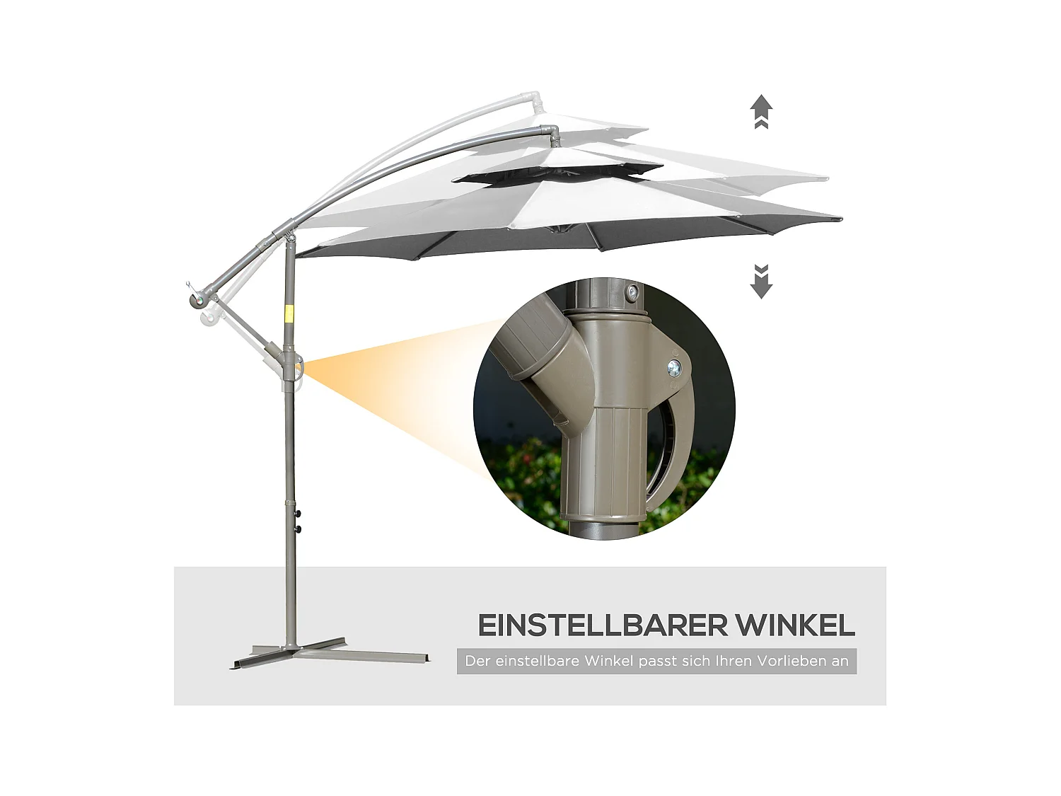 Zwevende parasol met dubbele dakzwengel, staal en polyester, lichtgrijs, gekruiste voet (267x267x245cm)