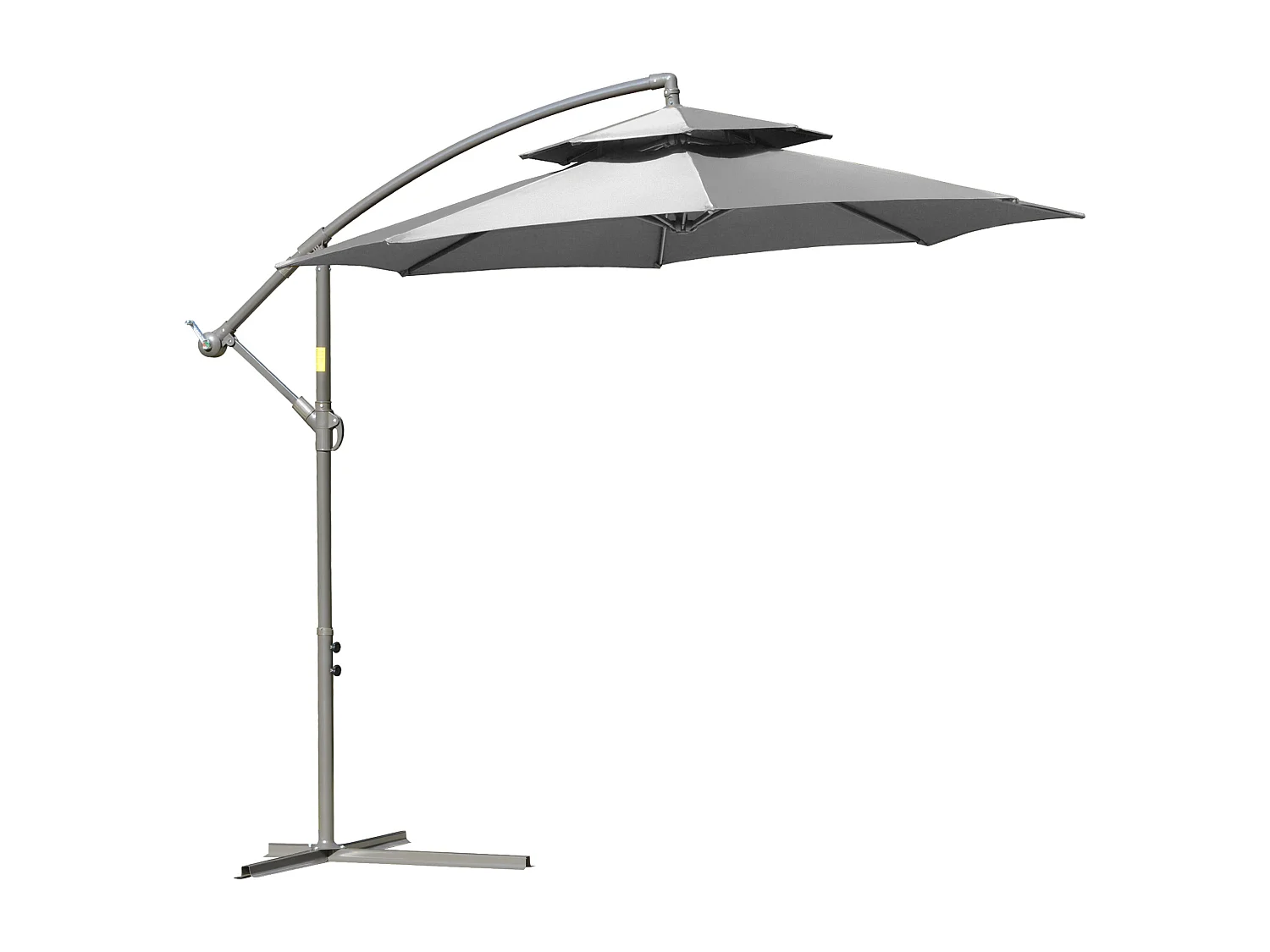 Parasol voladizo con manivela de doble techo, acero y poliéster, gris claro, base en cruz (267x267x245cm)