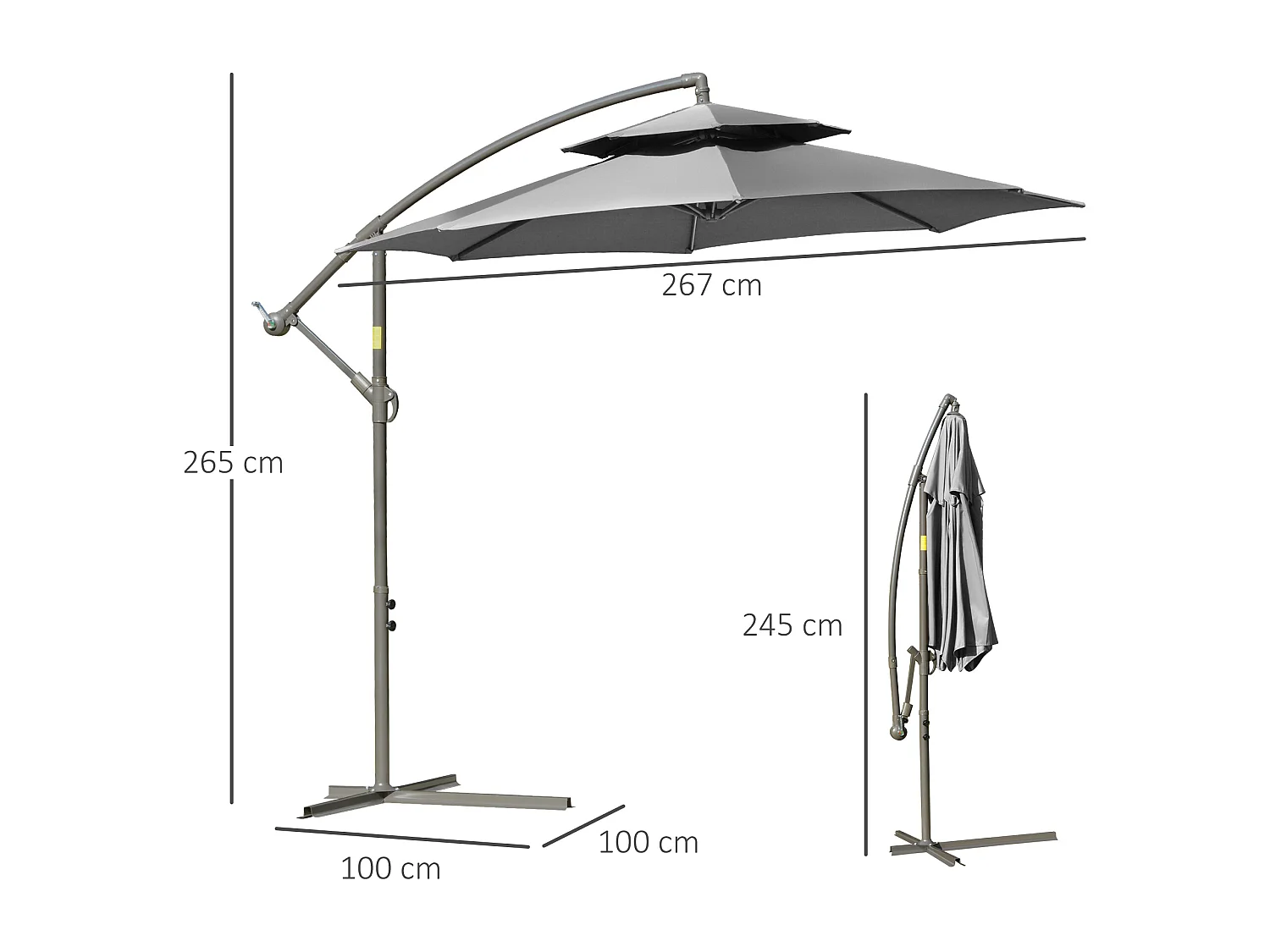 Parasol voladizo con manivela de doble techo, acero y poliéster, gris claro, base en cruz (267x267x245cm)