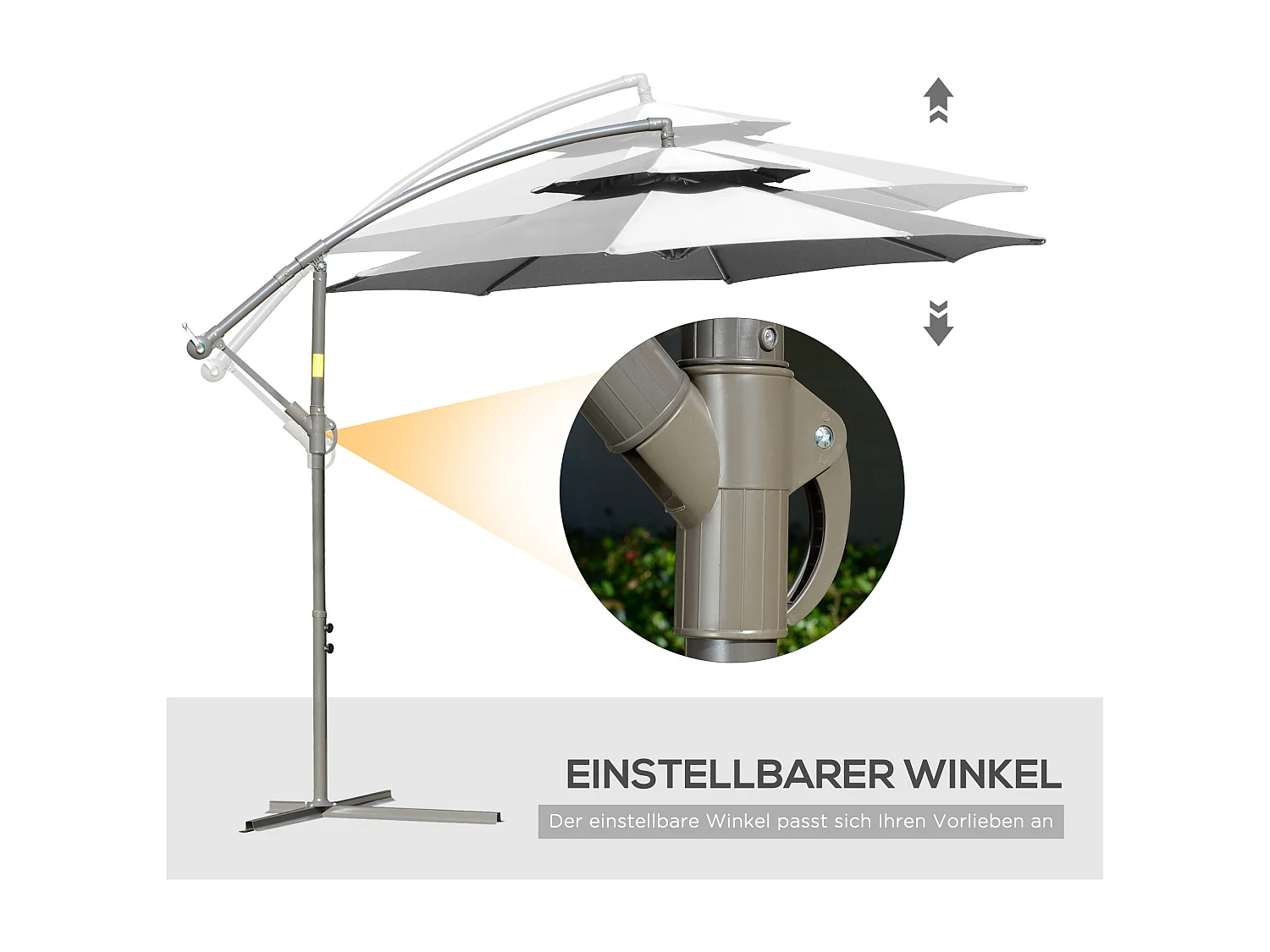 Parasol voladizo con manivela de doble techo, acero y poliéster, gris claro, base en cruz (267x267x245cm)