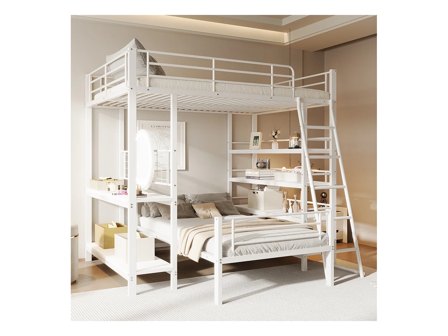Lit superposé en métal 140x200 cm, lit multifonctionnel avec étagères et rangements, blanc (204x206x180 cm)