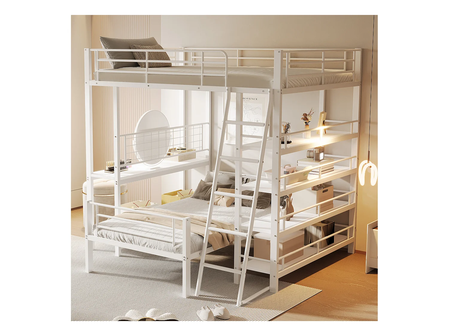 Lit superposé en métal 140x200 cm, lit multifonctionnel avec étagères et rangements, blanc (204x206x180 cm)