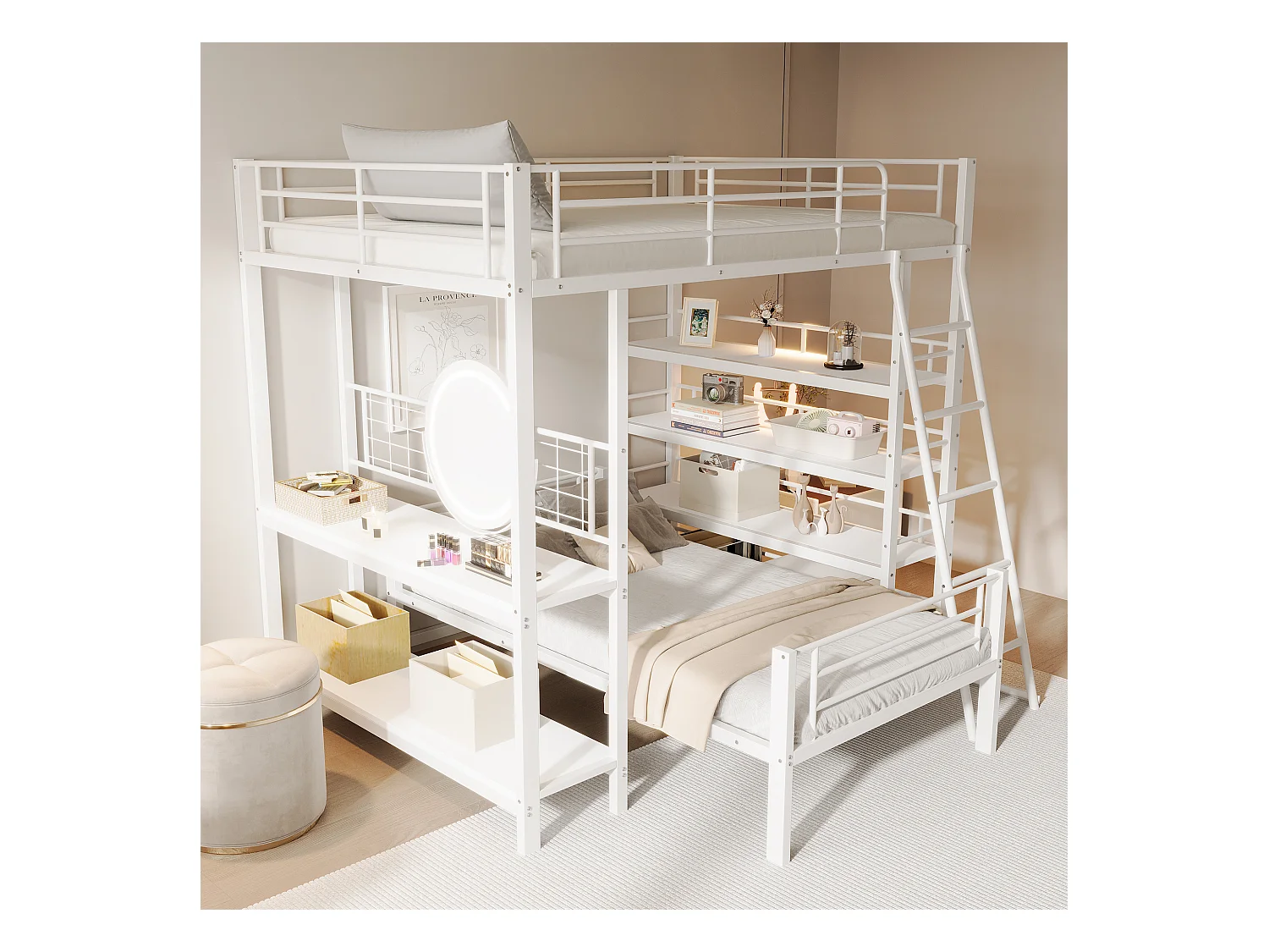 Lit superposé en métal 140x200 cm, lit multifonctionnel avec étagères et rangements, blanc (204x206x180 cm)
