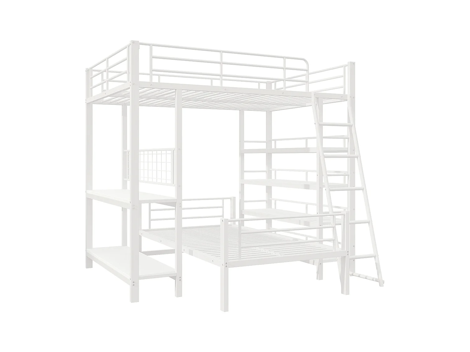 Lit superposé en métal 140x200 cm, lit multifonctionnel avec étagères et rangements, blanc (204x206x180 cm)