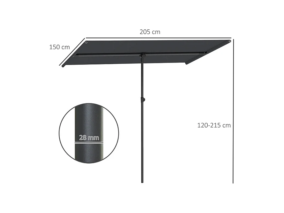 180° kantelbare en in hoogte verstelbare parasol, tuinparasol met aluminium paal, UV-bescherming, grijs (150x205x120-215 cm)