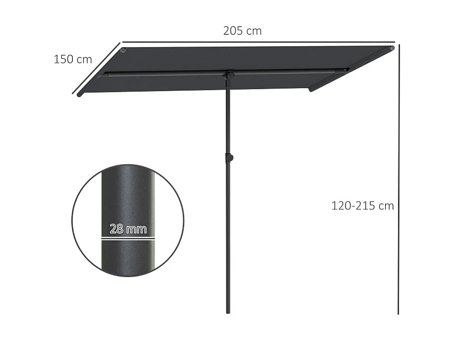 Parasol inclinable 180° et réglable en hauteur, parasol de jardin avec mât en aluminium, protection UV, gris (150x205x120-215 cm)
