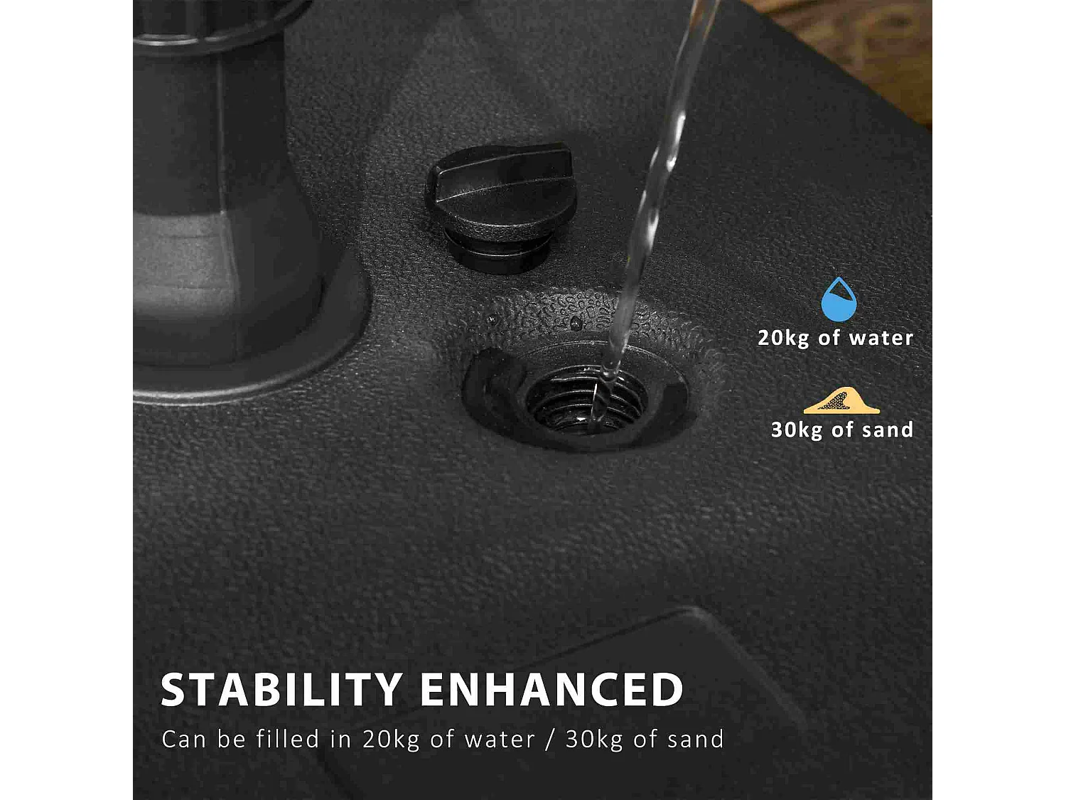 Parasolvoet met zand of water, zwart, kunststof, stabiel tot 30 kg (46x45x26 cm)