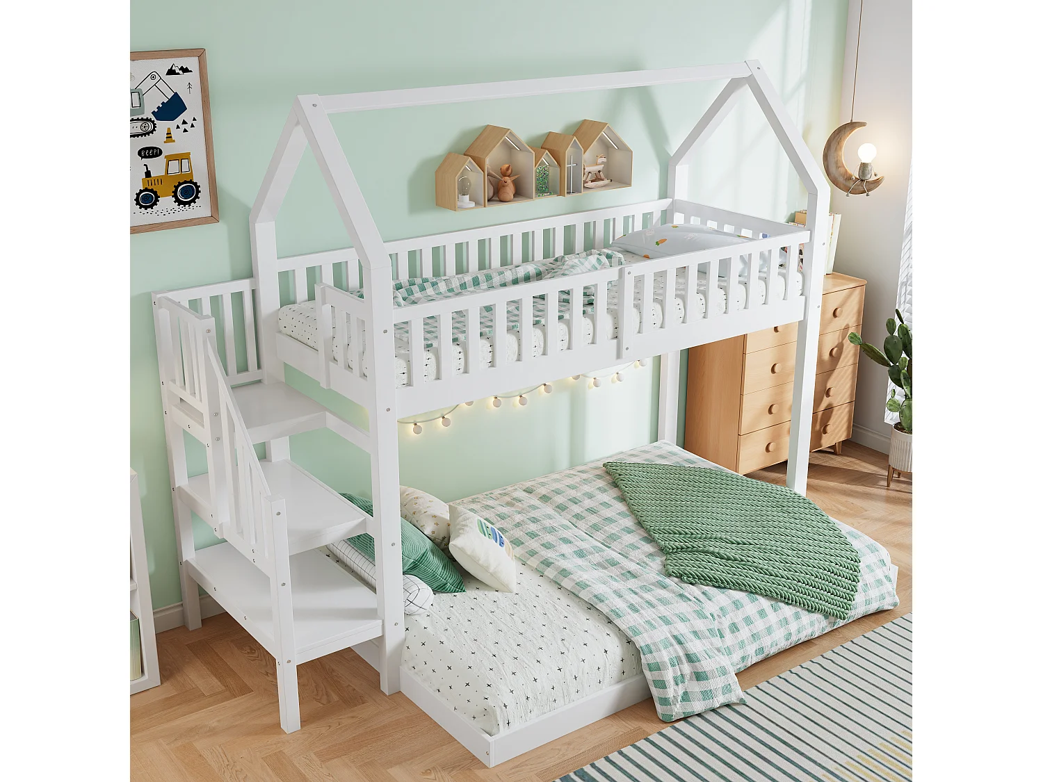 Litera infantil con escalera y almacenaje, estructura de pino y MDF, color blanco y natural, 90x200 cm