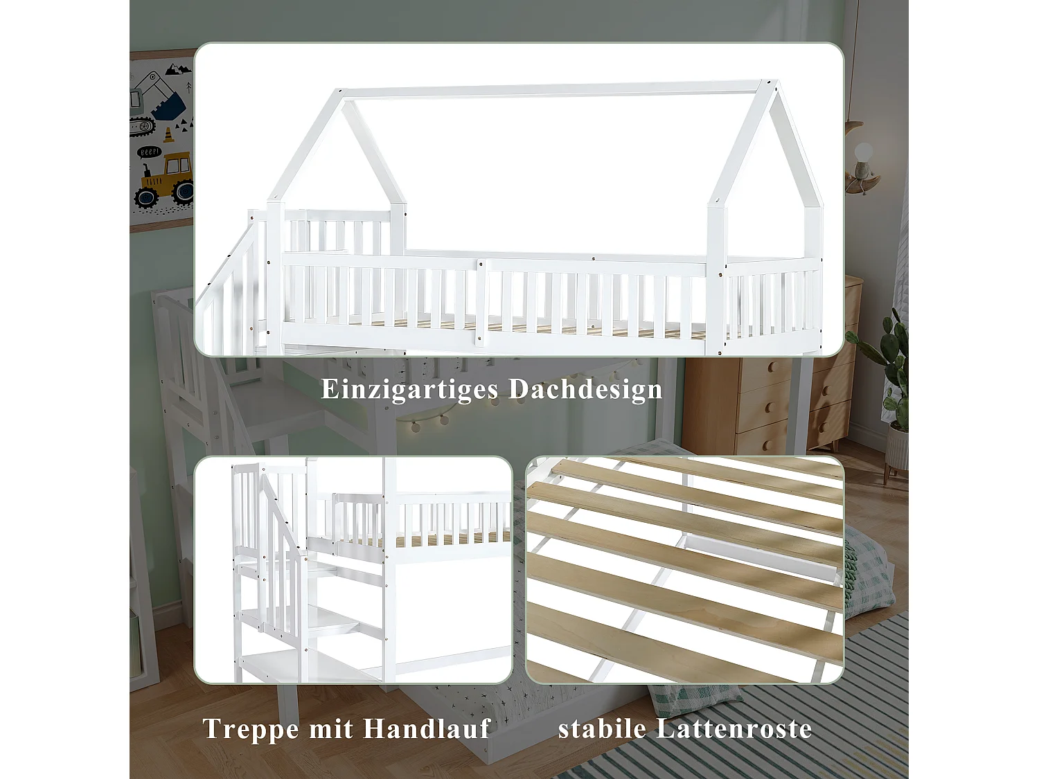 Litera infantil con escalera y almacenaje, estructura de pino y MDF, color blanco y natural, 90x200 cm