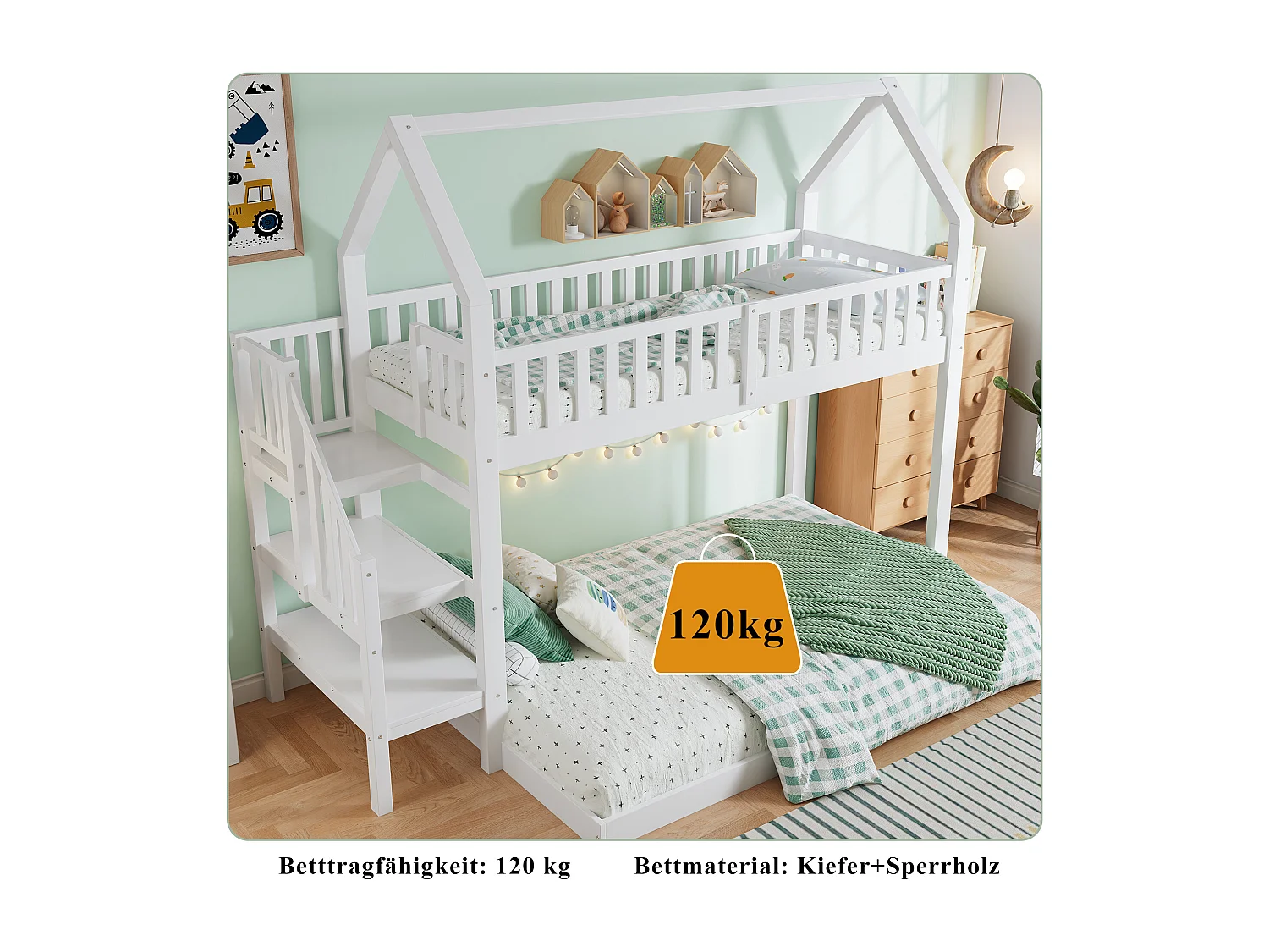 Litera infantil con escalera y almacenaje, estructura de pino y MDF, color blanco y natural, 90x200 cm