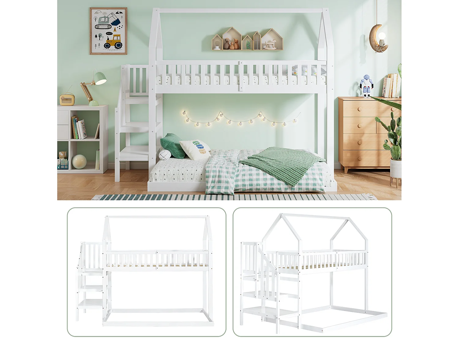 Litera infantil con escalera y almacenaje, estructura de pino y MDF, color blanco y natural, 90x200 cm