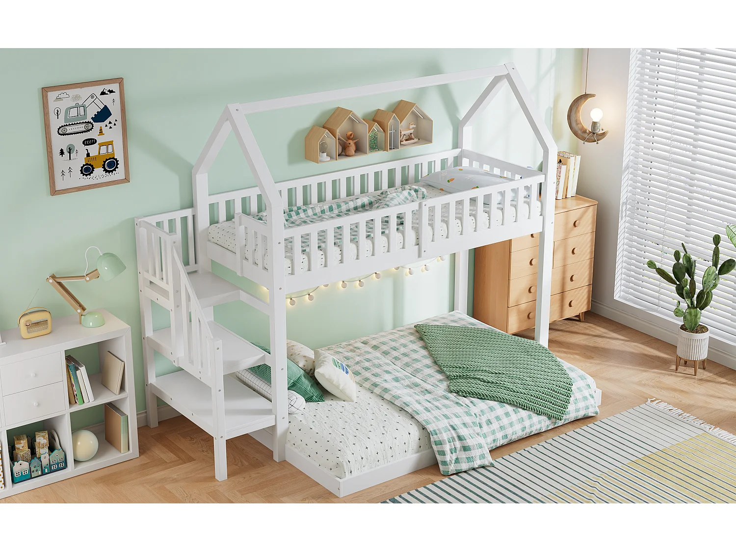 Litera infantil con escalera y almacenaje, estructura de pino y MDF, color blanco y natural, 90x200 cm