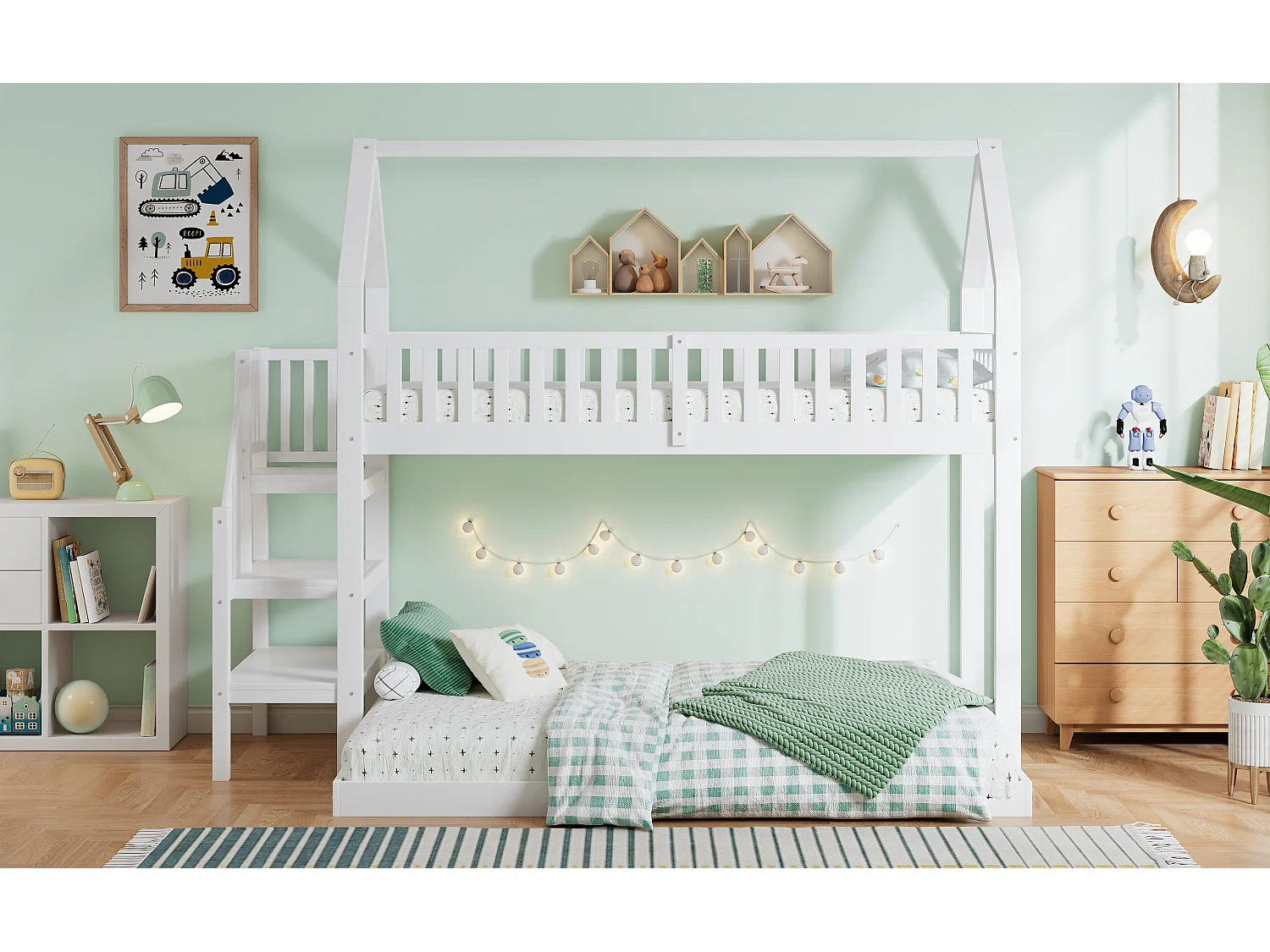 Litera infantil con escalera y almacenaje, estructura de pino y MDF, color blanco y natural, 90x200 cm