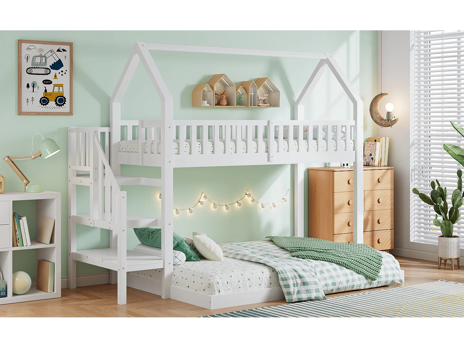 Litera infantil con escalera y almacenaje, estructura de pino y MDF, color blanco y natural, 90x200 cm