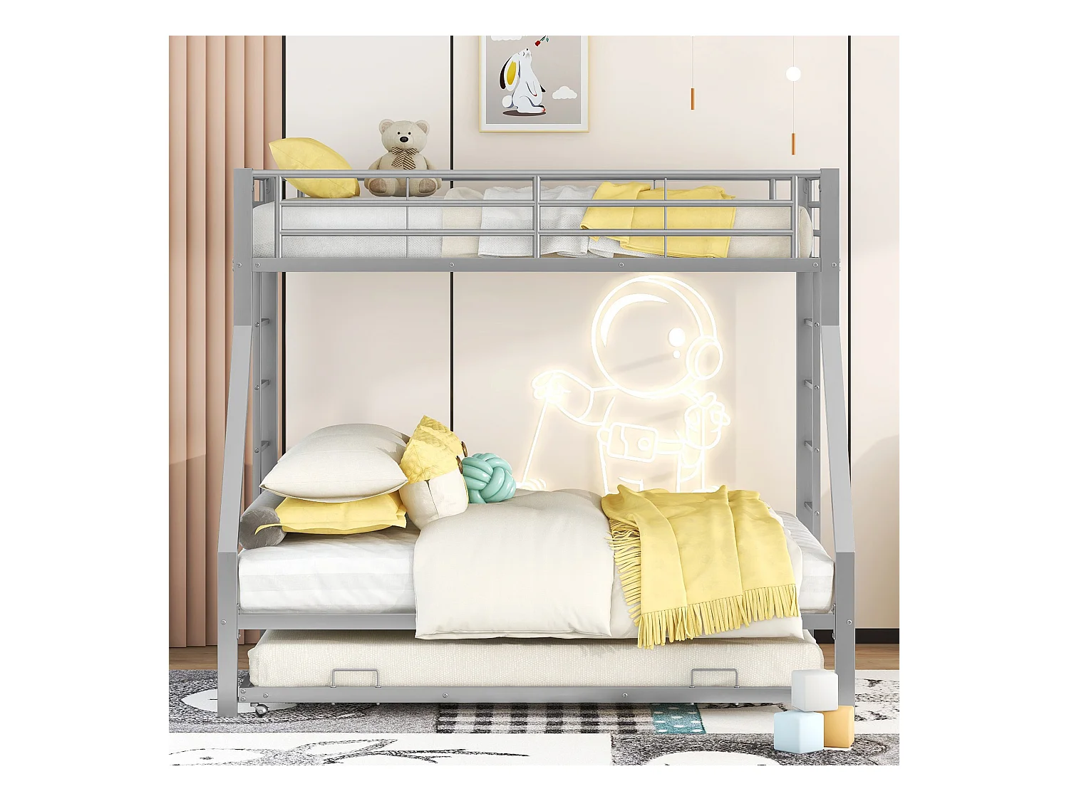 Lit superposé avec lit extensible, Métal, avec échelle des deux côtés, 90(140)x200 cm, Argent