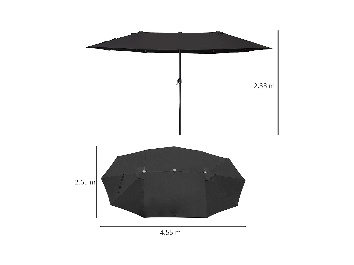 Dubbele schuine parasol met slinger, aluminium, polyester, zwart (460x270x240 cm)