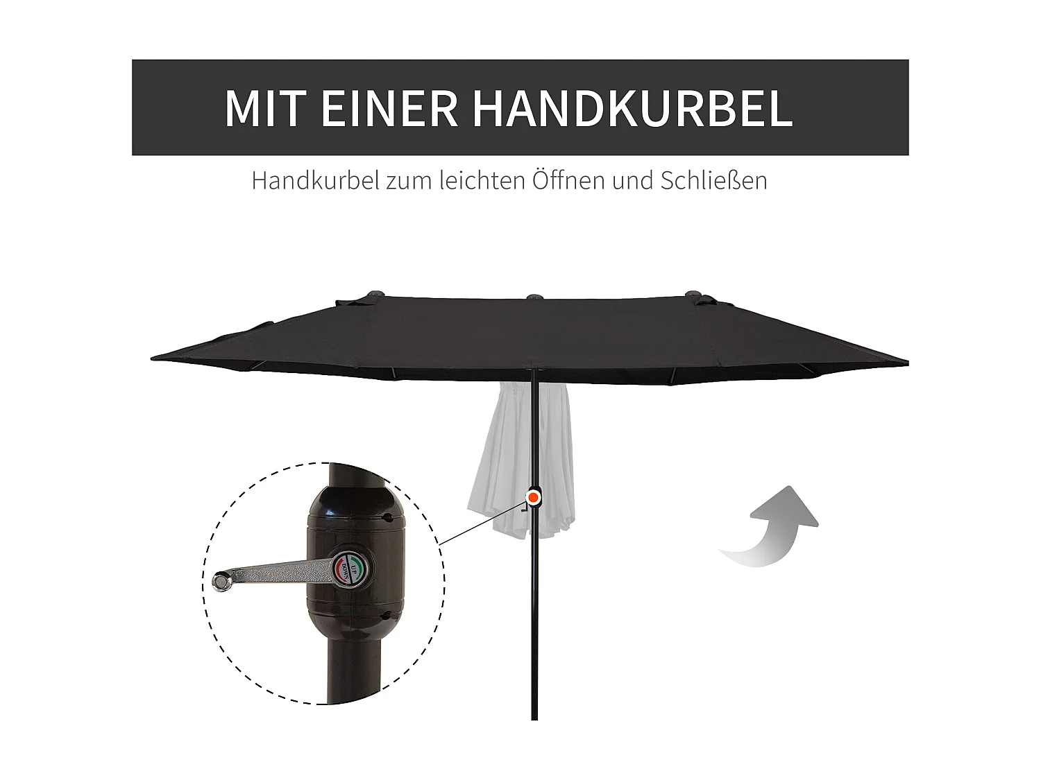Parasol doble inclinado con manivela, aluminio, poliéster, negro (460x270x240 cm)