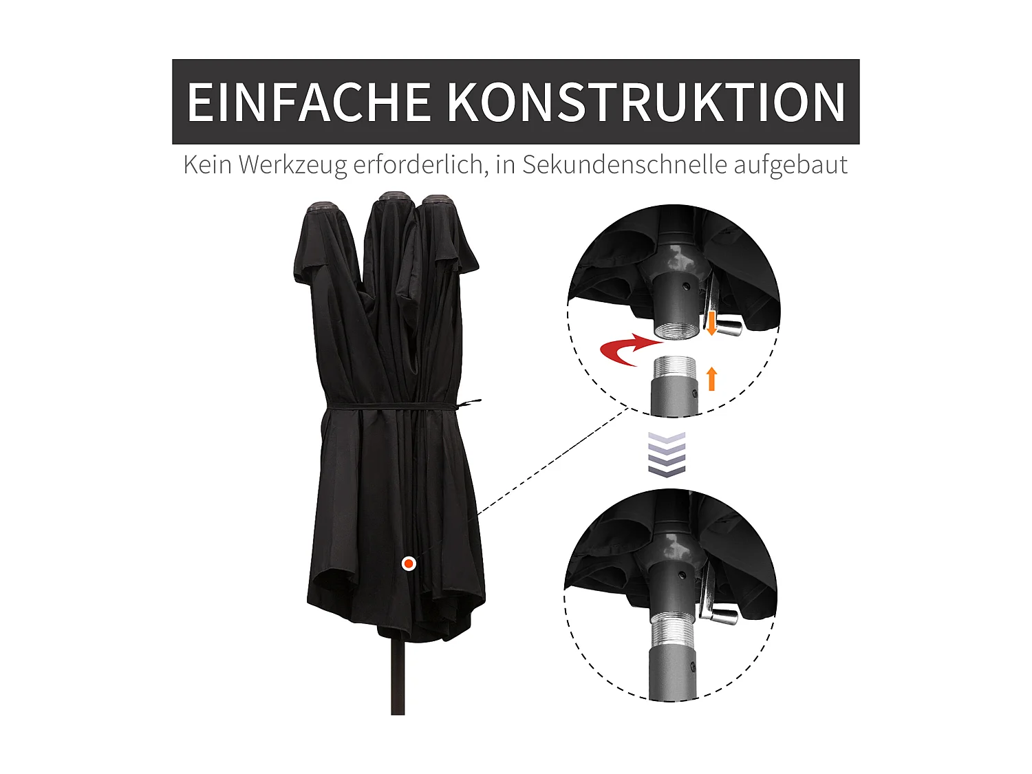 Parasol doble inclinado con manivela, aluminio, poliéster, negro (460x270x240 cm)