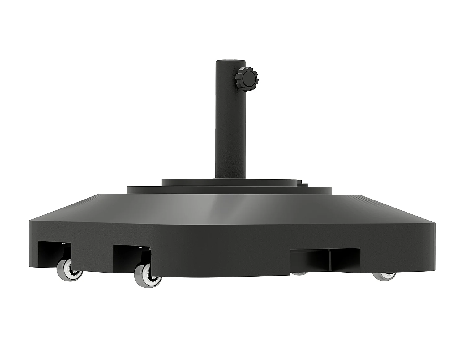 Pied de parasol carré mobile, remplissable jusqu’à 25kg, plastique noir, roulettes avec freins (48x48x32.5cm)