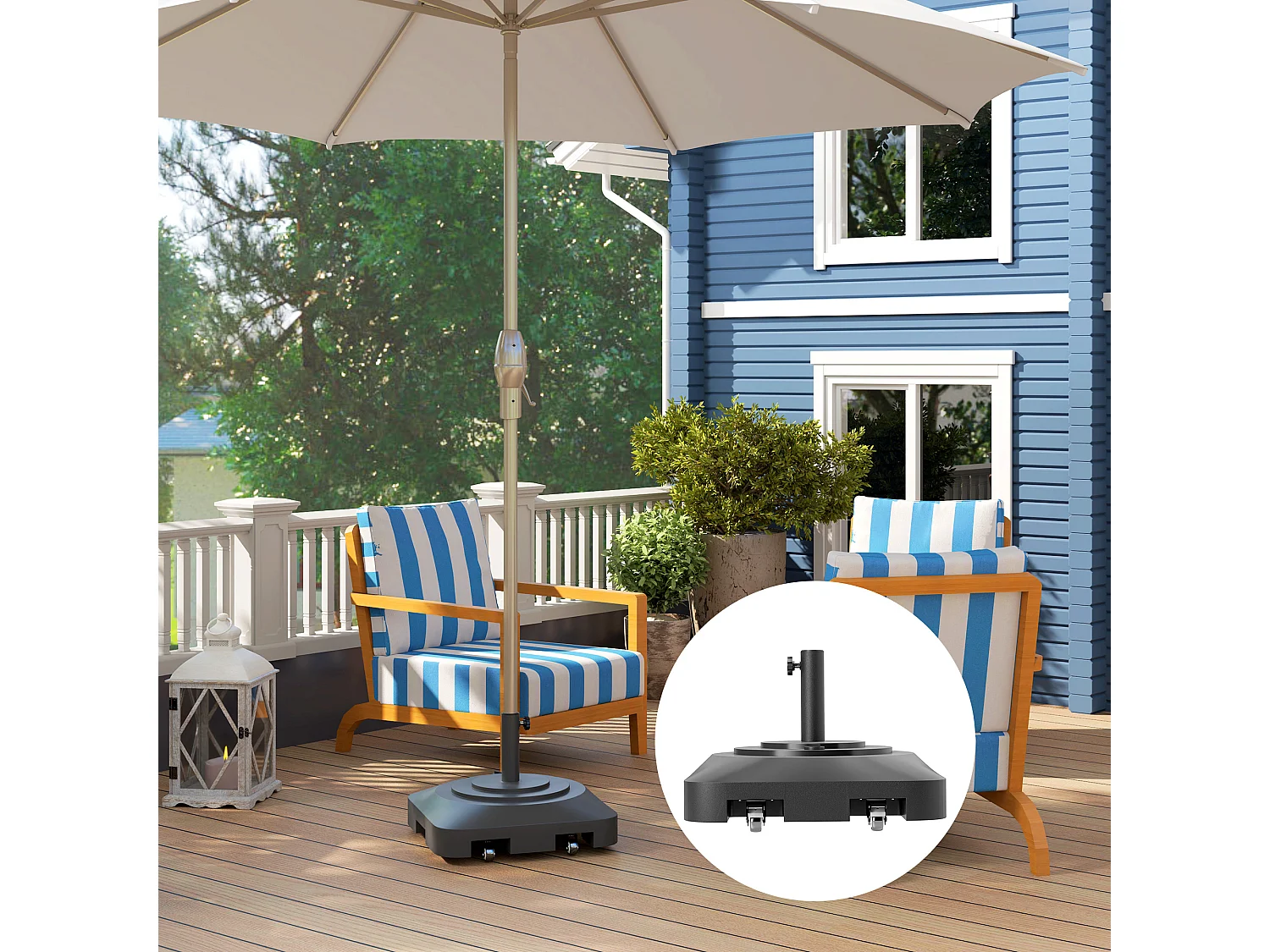Pied de parasol carré mobile, remplissable jusqu’à 25kg, plastique noir, roulettes avec freins (48x48x32.5cm)
