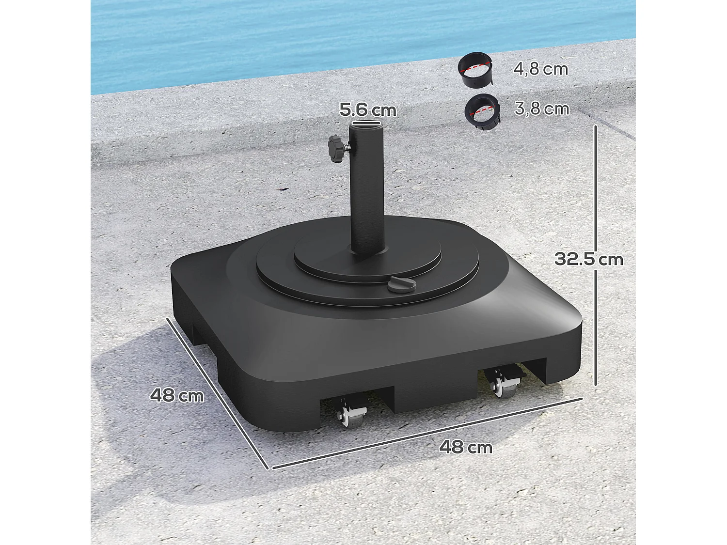 Pied de parasol carré mobile, remplissable jusqu’à 25kg, plastique noir, roulettes avec freins (48x48x32.5cm)