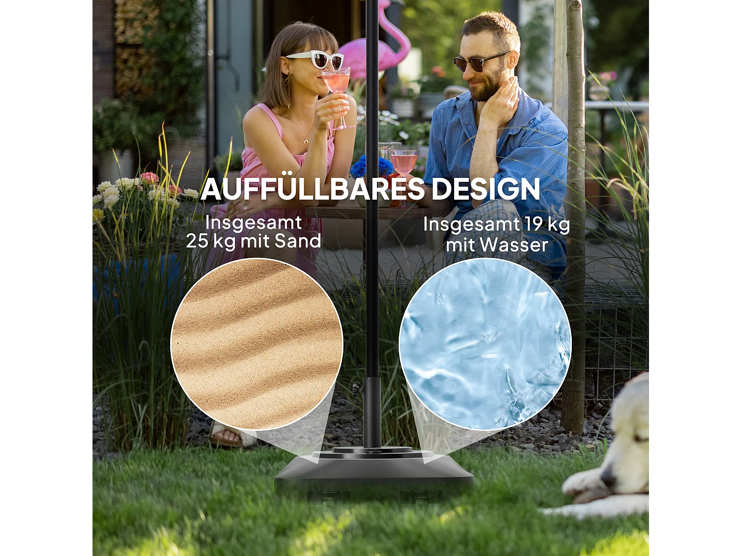 Pied de parasol carré mobile, remplissable jusqu’à 25kg, plastique noir, roulettes avec freins (48x48x32.5cm)