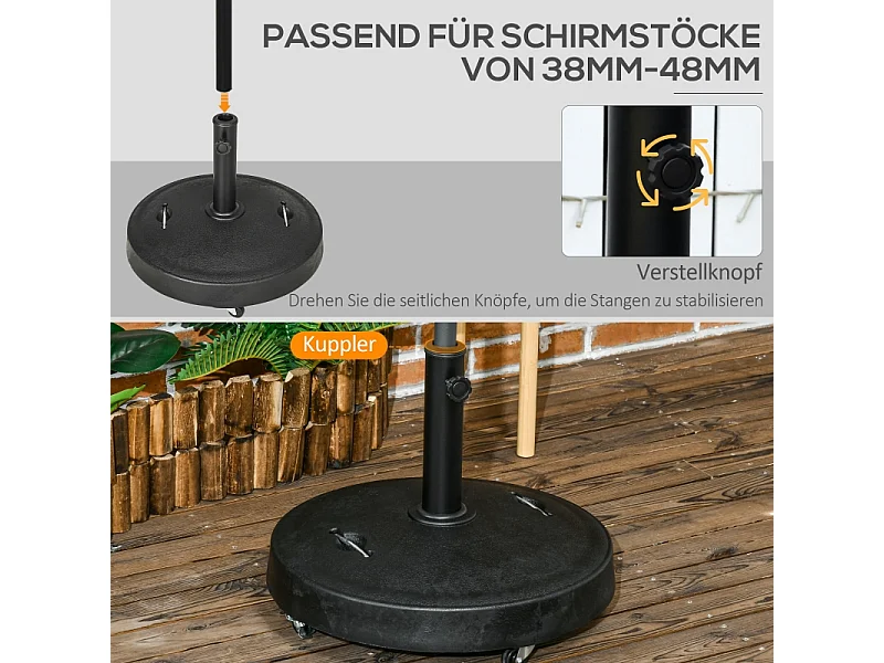 Mobiele parasolstandaard van 23,5 kg met wielen, verstelbaar Ø38-48 mm, zwarte hars (53x53x41cm)