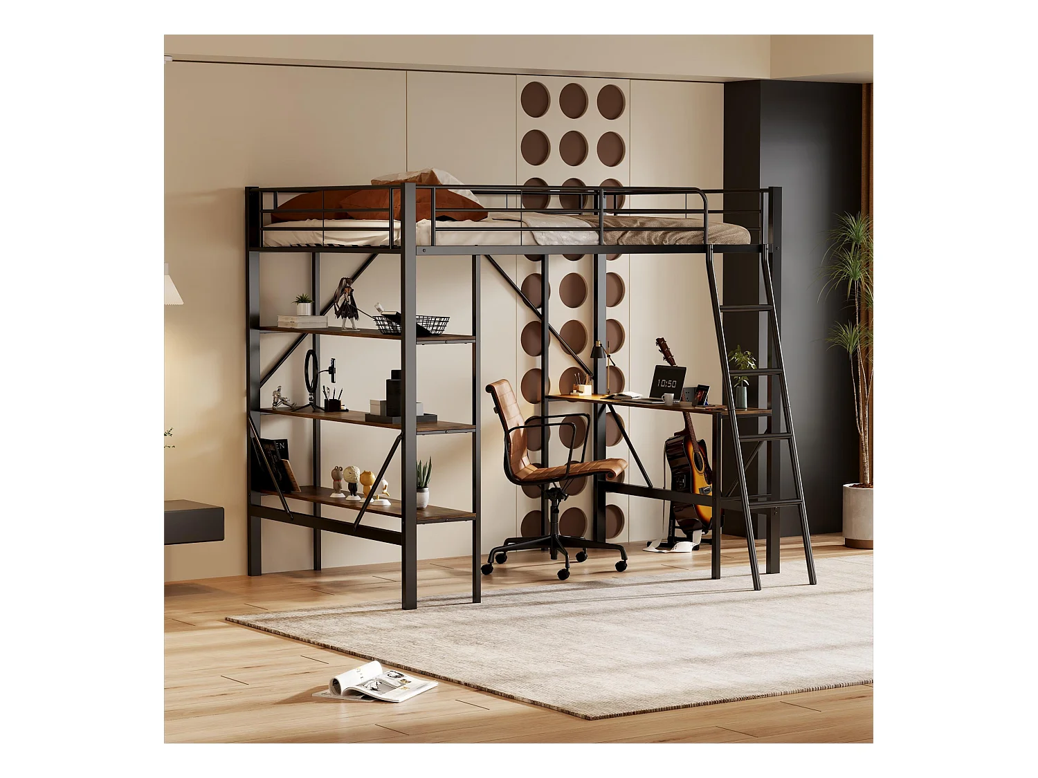 Stapelbed met bureau en drie grote planken, metaal, zwart (90x200 cm)