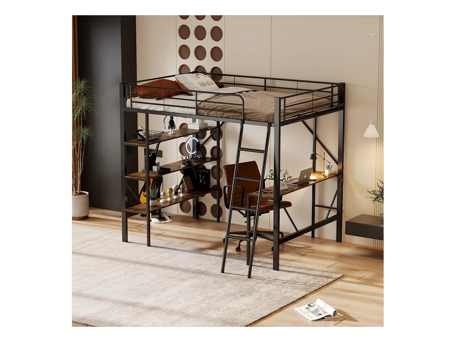 Stapelbed met bureau en drie grote planken, metaal, zwart (90x200 cm)