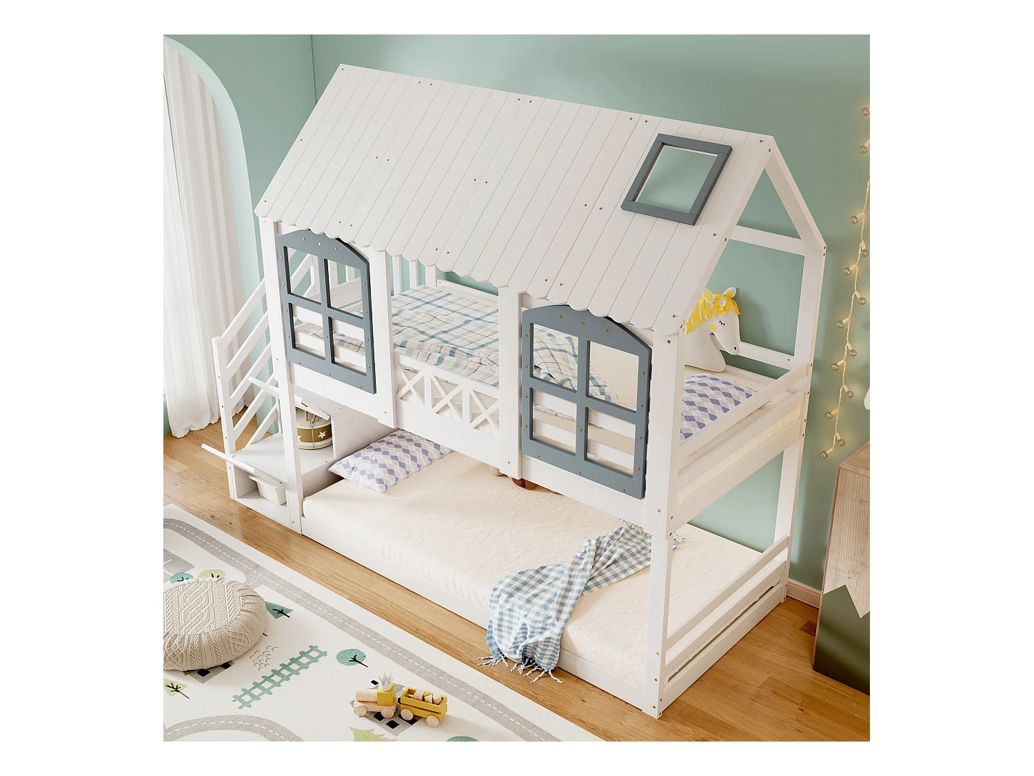 Lit superposé avec toit et fenêtres, protection chutes, échelle, métal, noir, 90x200 cm (245x201x207 cm)