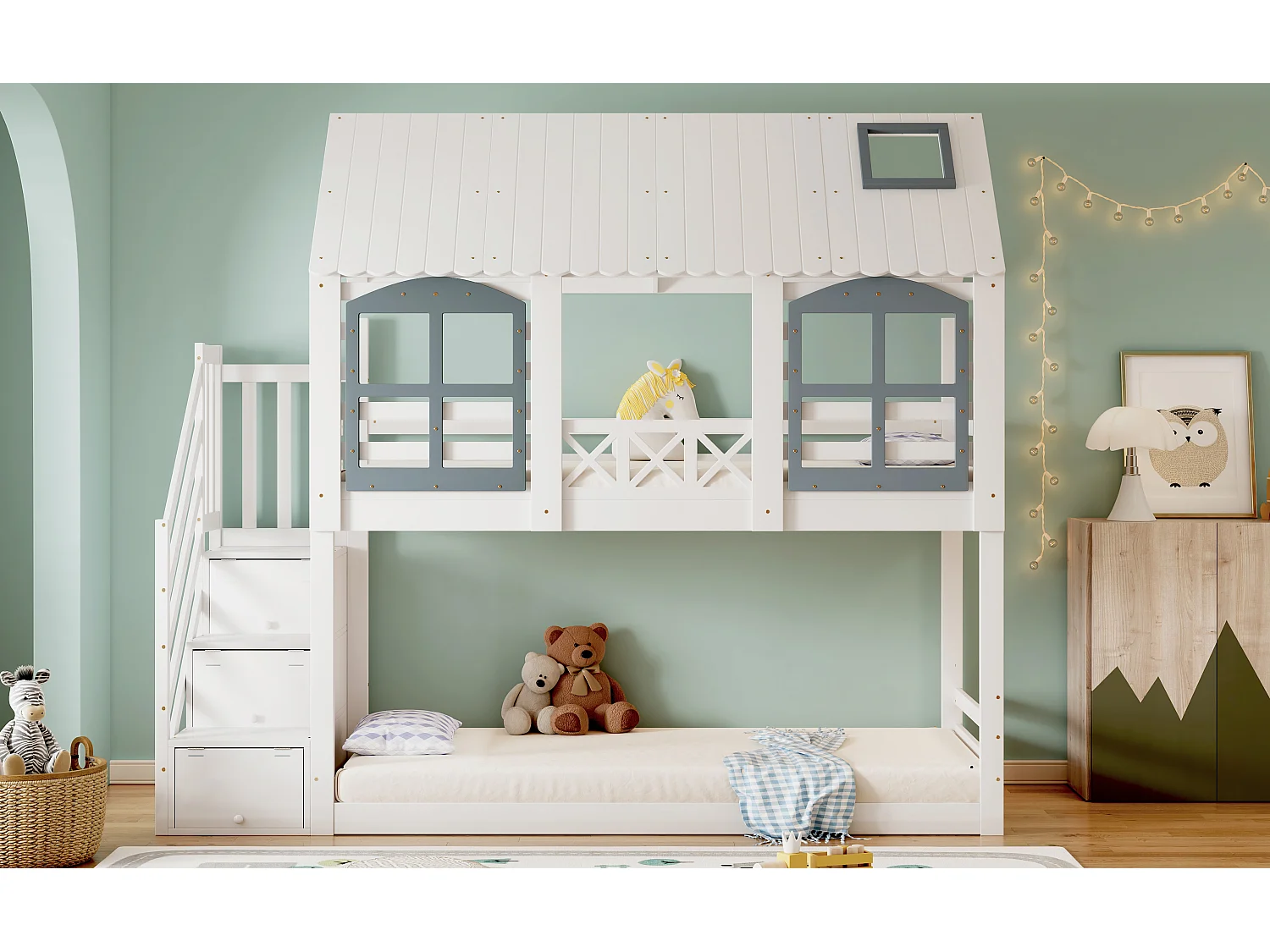 Litera con techo y ventanas, protección anticaídas, escalera, metal, negro, 90x200 cm (245x201x207 cm)