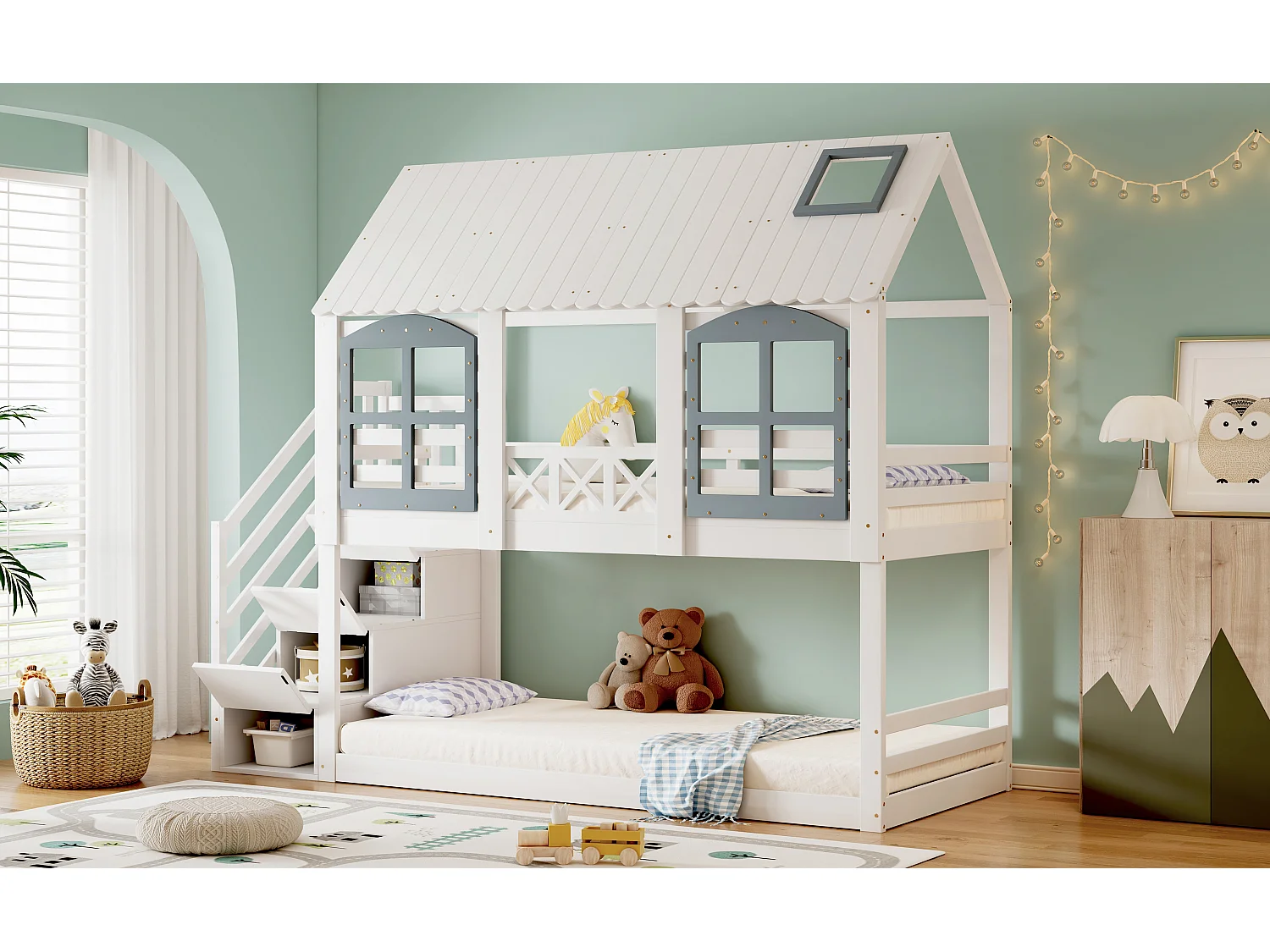 Litera con techo y ventanas, protección anticaídas, escalera, metal, negro, 90x200 cm (245x201x207 cm)